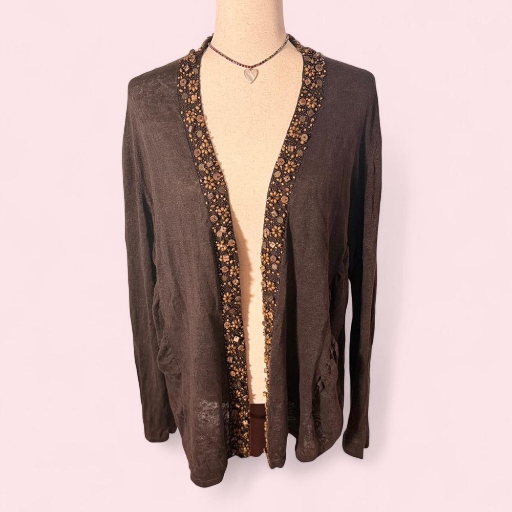 Lafayette 148 New York Brown 100% Linen Beaded Sequin Cardigan Boho XL